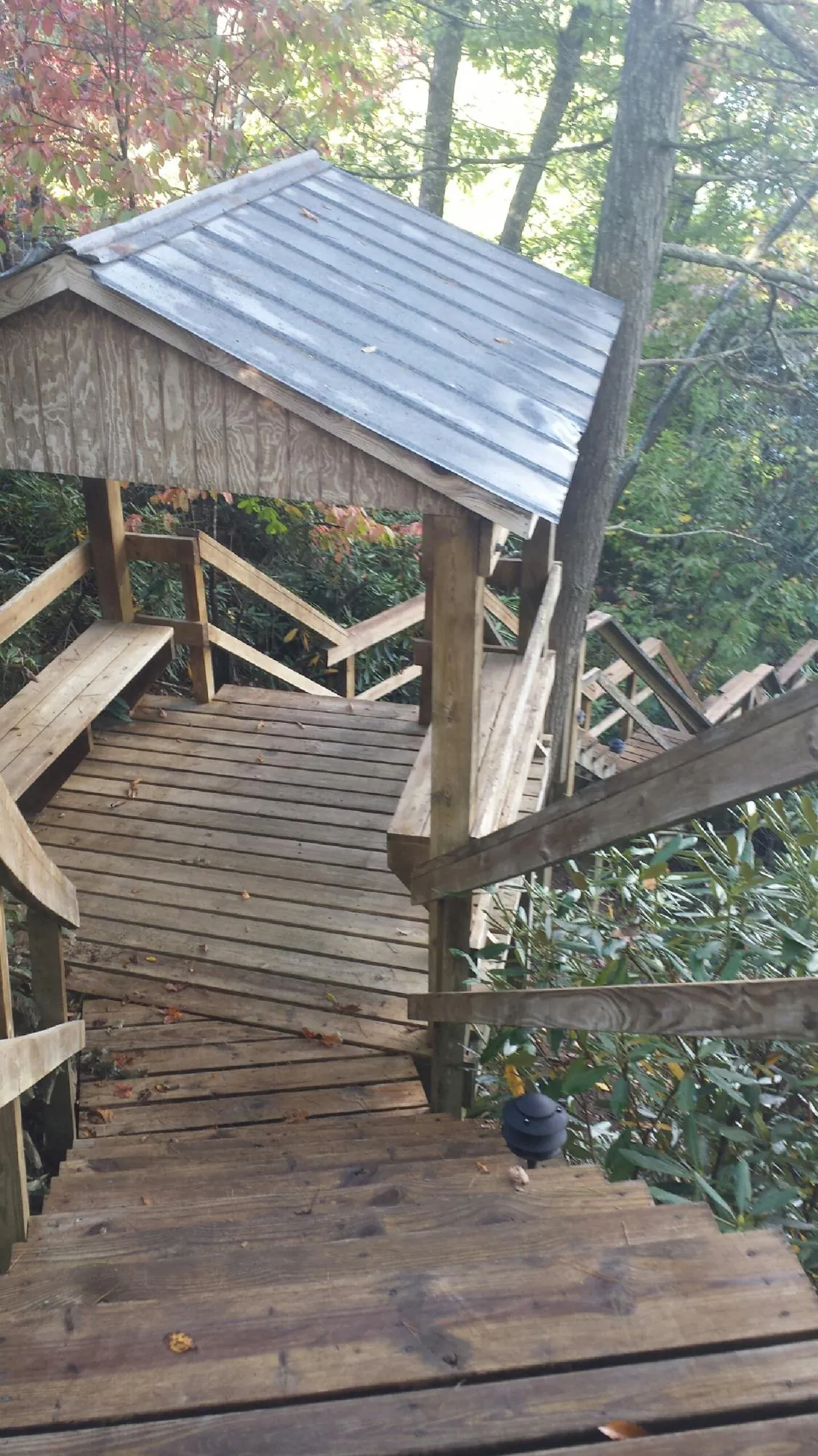 Metal roofed shelter over wooden steps on a wooded walkway — Skylight Repair & Installation work by our crew in Mc Adenville